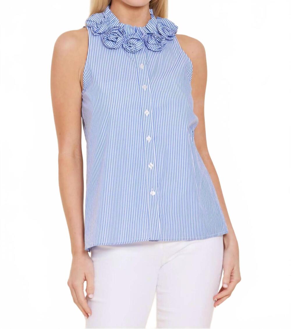 NEW DOLCE CABO poplin rose bud sleeveless top in blue white